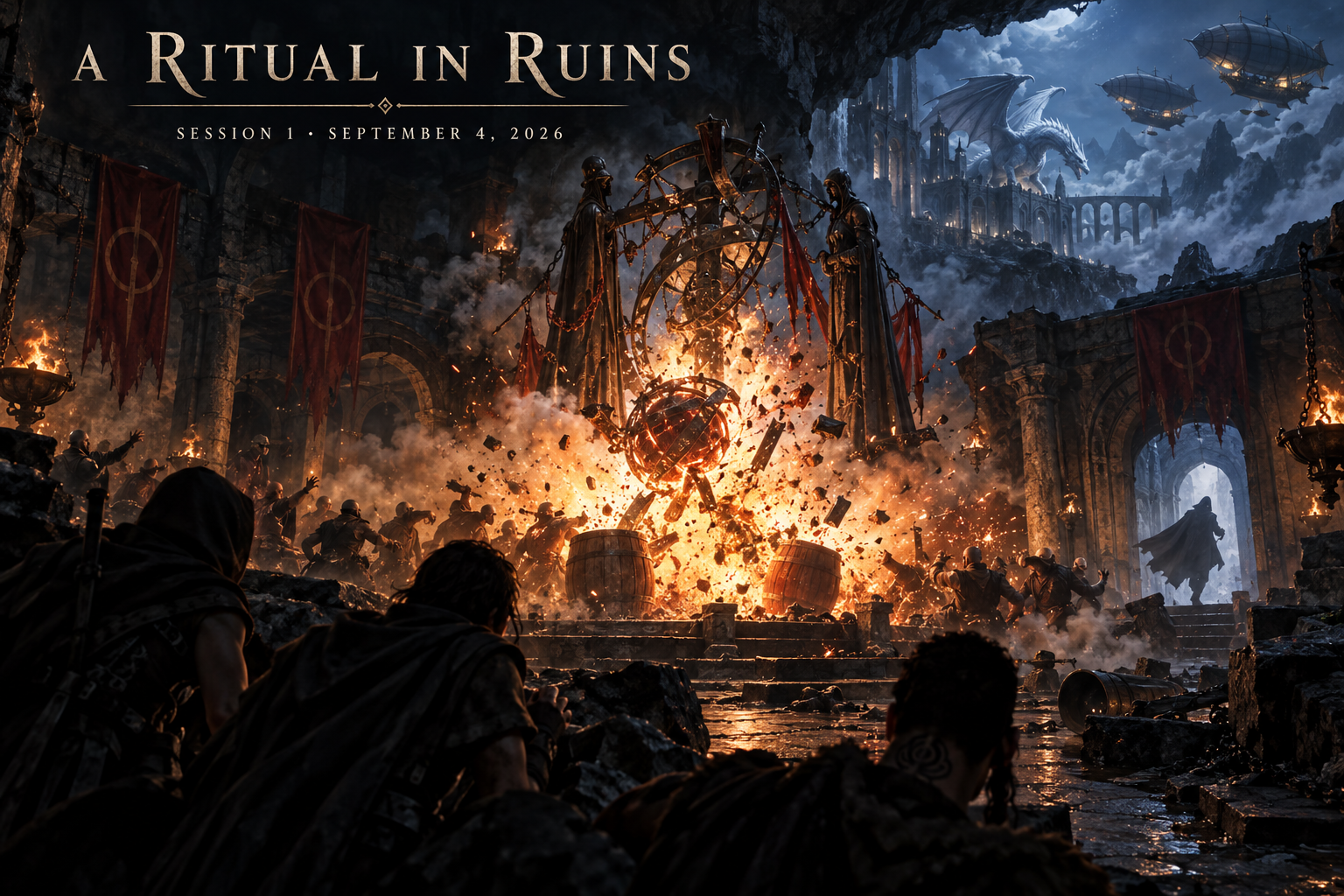 A rebel ritual apparatus erupts between two gunpowder barrels while anonymous adventurers watch and its leader escapes; an ice dragon and airships appear in the distance.