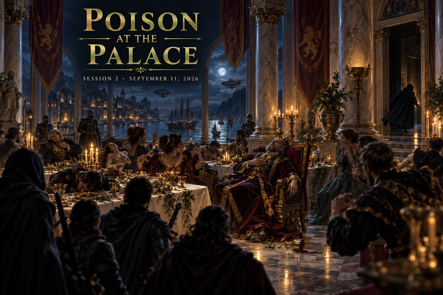 Poisoned guests collapse during a moonlit palace feast as a crowned king falls and a cloaked conspirator escapes through a shadowed doorway.