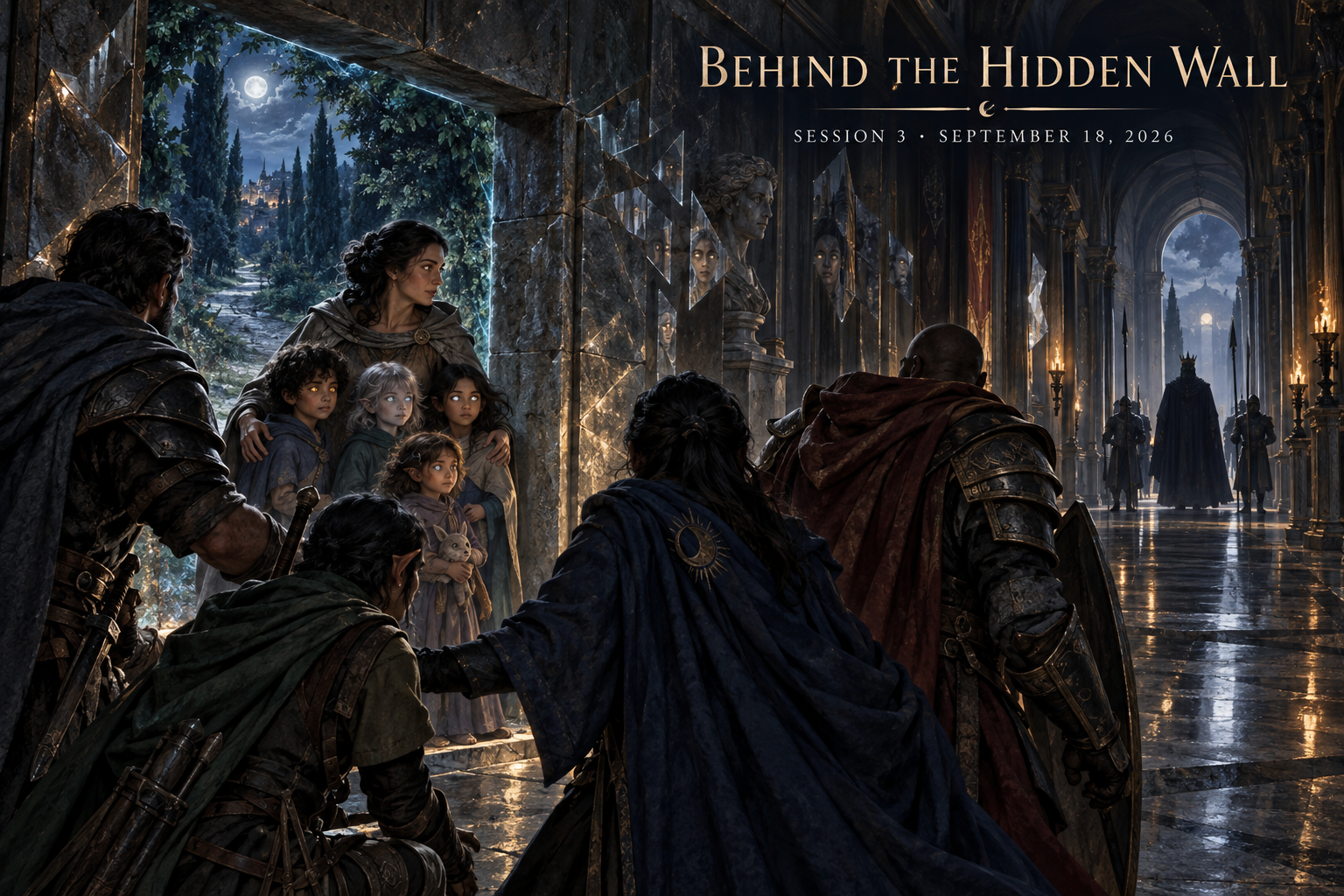 A magical palace wall opens onto a moonlit refuge where an adult protects altered children while anonymous adventurers shield their escape from distant royal guards.