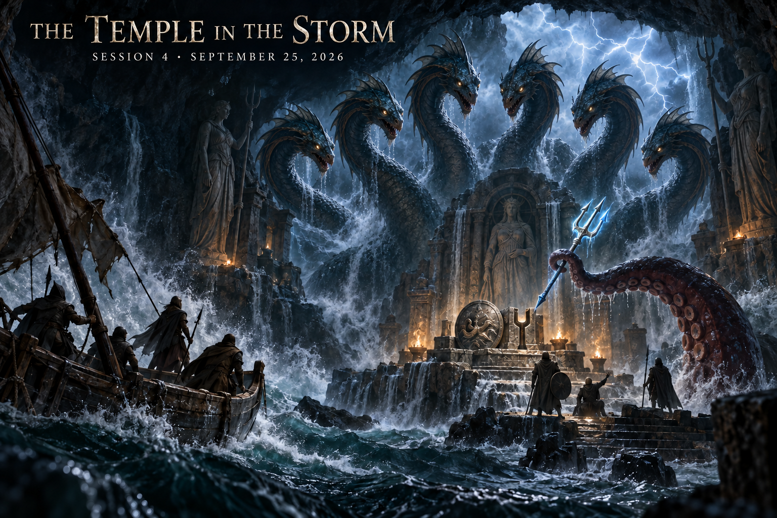 A damaged boat enters a storm-lashed sea temple as a six-headed Scylla rises and a giant octopus returns a glowing trident to the shrine.