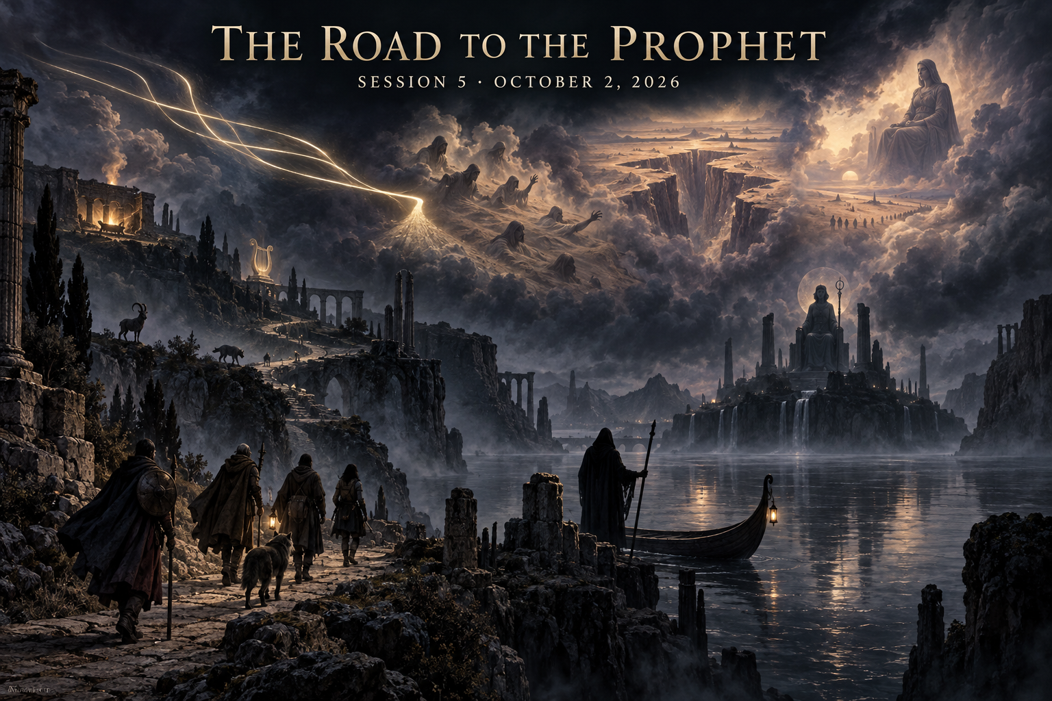 Anonymous travelers approach the River Styx and its ferryman beneath prophetic visions of converging threads, a desert chasm, sinking figures, and distant thrones.