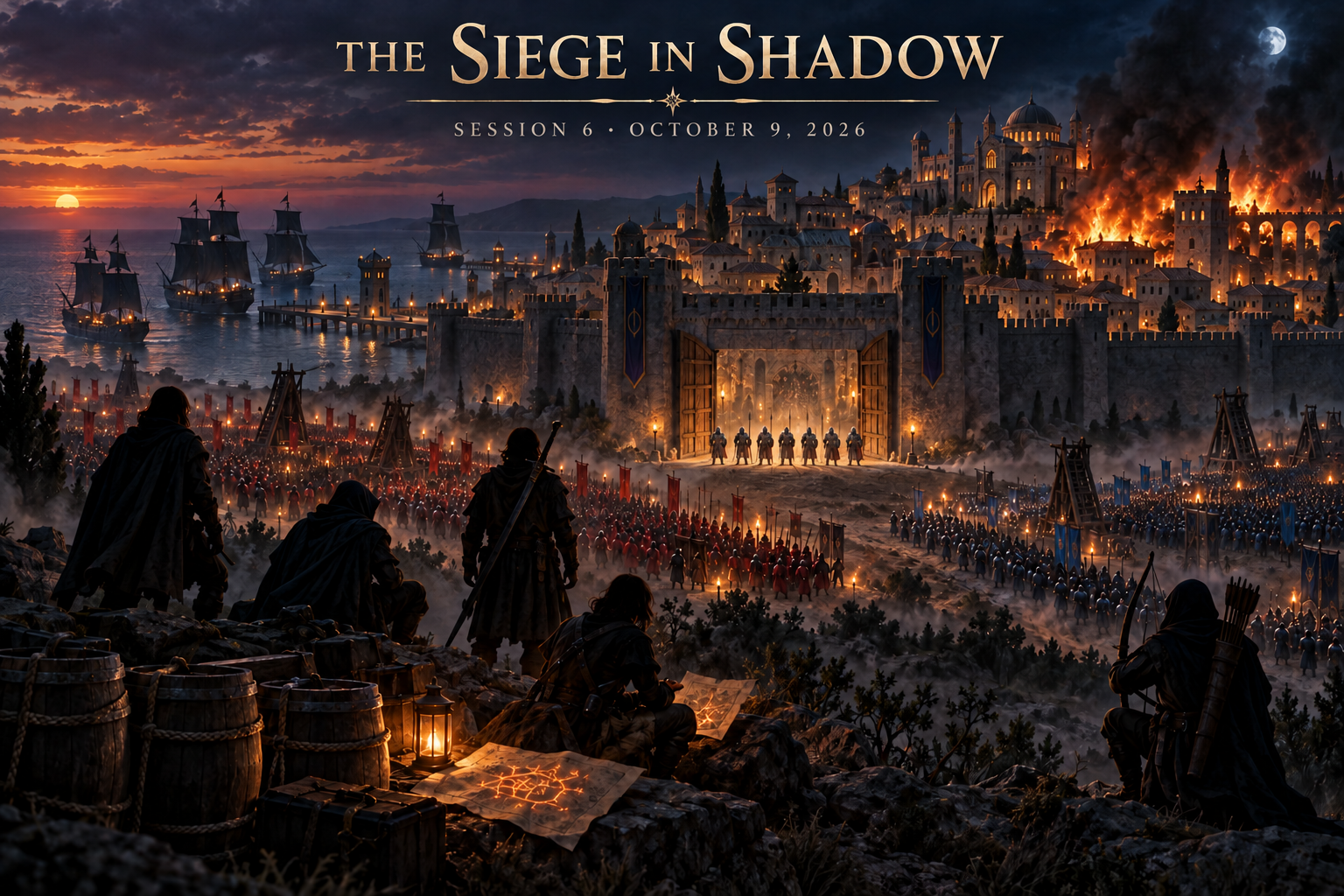 Anonymous adventurers overlook a coastal city under siege, with intact docks, approaching ships, burning barracks, rival armies, and eight armored defenders at the palace gate.